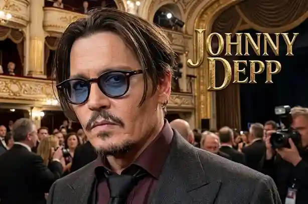 Johnny Depp Net Worth on a red carpet event in a maroon shirt, dark blazer, and iconic blue glasses with paparazzi in the background.