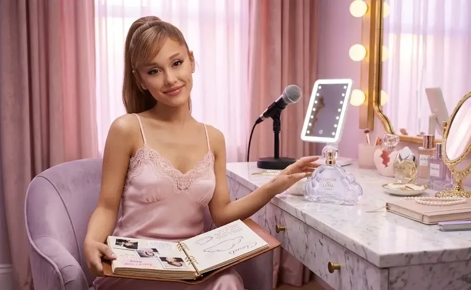 Ariana Grande perfume featured on a pink marble vanity table next to a lighted mirror and scrapbook.