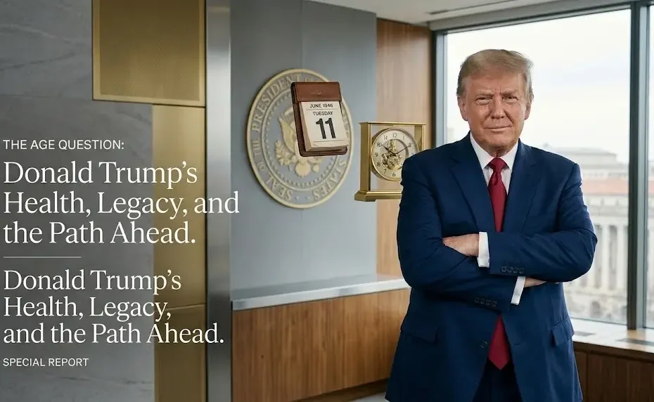 Donald Trump age analysis and health status report feature image showing Donald Trump in a suit standing in a modern office with age and legacy elements.