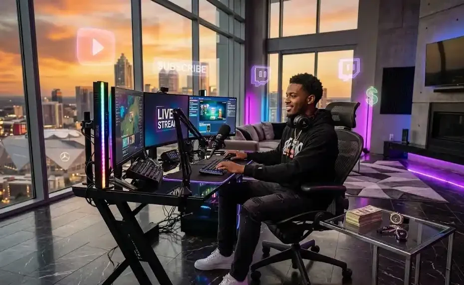 Duke Dennis net worth streamer sitting in a modern luxury gaming mansion setup in Georgia