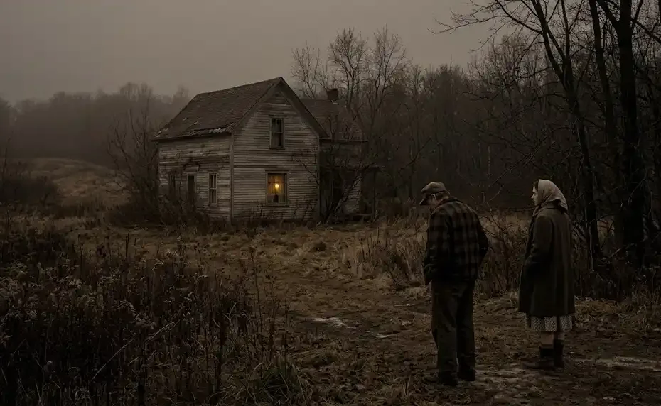Ed gein girlfriend standing near a desolate 1950s Wisconsin farmhouse at dusk.