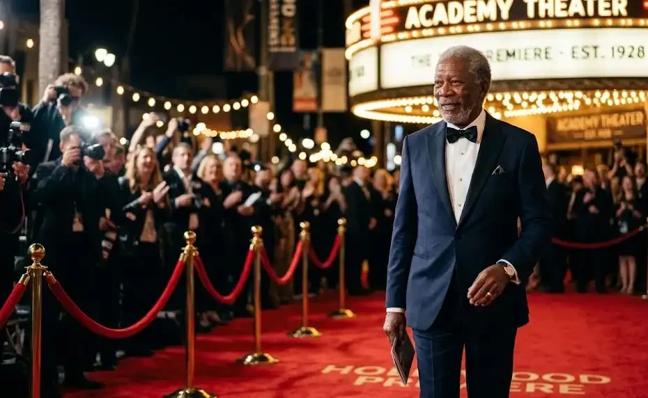 A distinguished actor resembling Morgan Freeman walking the Hollywood premiere red carpet, widely searched in connection with morgan freeman wife and his personal life.