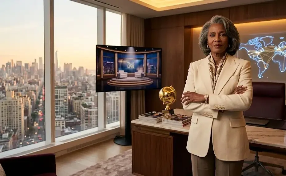 Oprah Winfrey net worth editorial image featuring a powerful Black female media mogul in a luxury penthouse office representing her global media empire.
